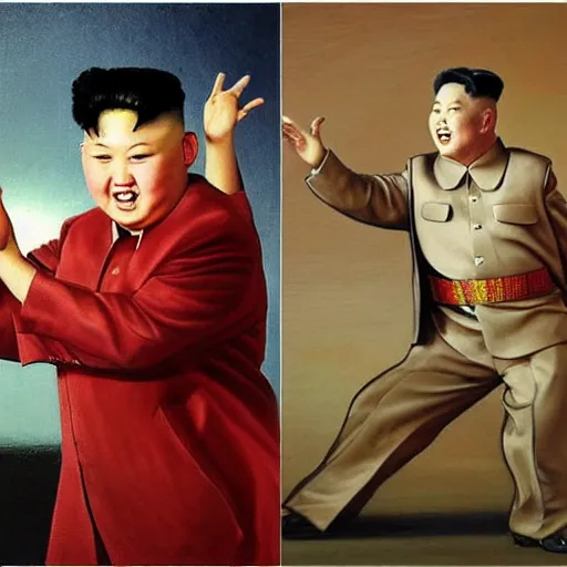 Prompt: kim jong un as k - pop idol dancing on the south korean k - pop stage, painting by rembrandt