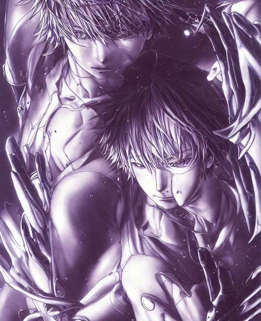 Prompt: symmetrical. realistic detailed image of anime portrait, realistic detailed male character, kaworu nagisa, depth perception, masterpiece, depth of field, action horror, gothic. art by yoshitaka amano, by yukito kishiro, by yoshiyuki sadamoto, by artgerm, by hajime sorayama