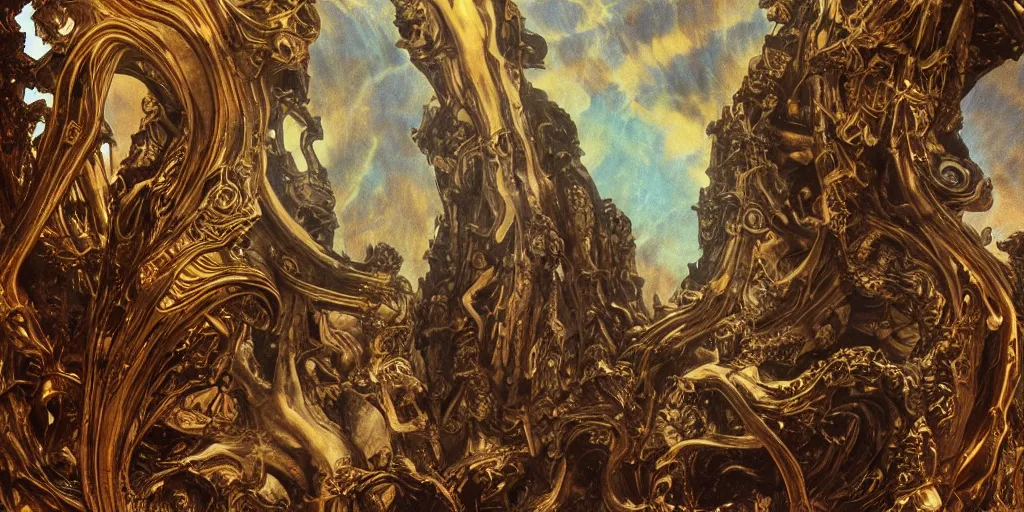 Image similar to ancient monument made of ribs and spines and teeth, gold ram horns, copper goat skulls, grand imposing powerful sculpture. swirls of mist. ominous clouds, intense light beams, lens flare. occult photorealism, uhd, amazing depth, volumetric lighting, cinematic lighting. epic landscape. alphonse mucha.