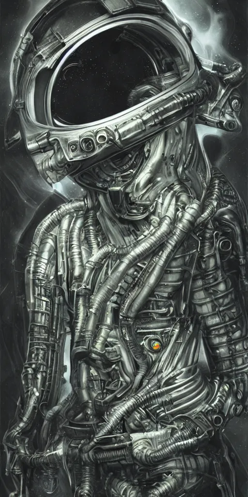 Prompt: eldritch astronaut, by giger, dynamic composition, dramatic lighting, hyperrealistic, ultra detailed, nitro colors