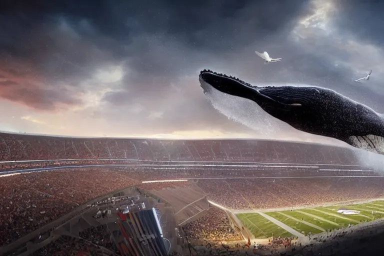 Image similar to a humpback whale flying over the NFL Super Bowl Stadium cinematic lighting by Jessica Rossier