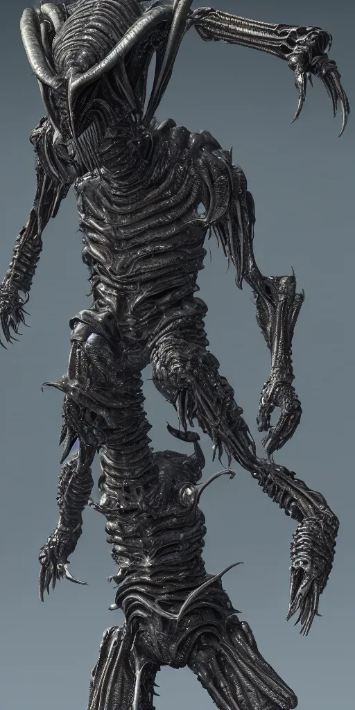 Prompt: futuristic alien with lasers eldenring boss. fromsoftware, dark souls, eldenring, screenshot, extremely detailed, insanely detailed, realistic, zbrush, horror, bloodbourne, full body concept