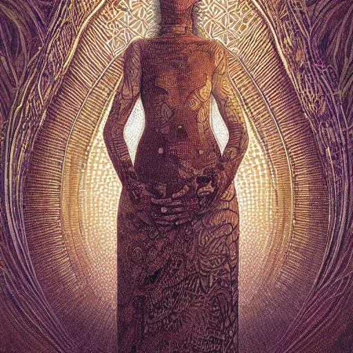 Image similar to portrait of tall, long-necked lipless mutant woman covered with elaborately patterned brown and white scales wearing gauze toga and standing in cyberpunk art deco mosque by Beksinski, Bruegel, Greg Rutkowski, Alphonse Mucha, and Yoshitaka Amano