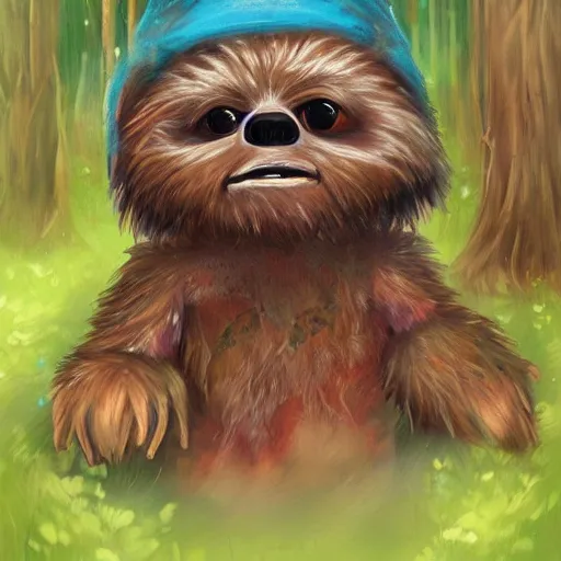 Image similar to cute ewok bathing in the forest, artstation, colorful