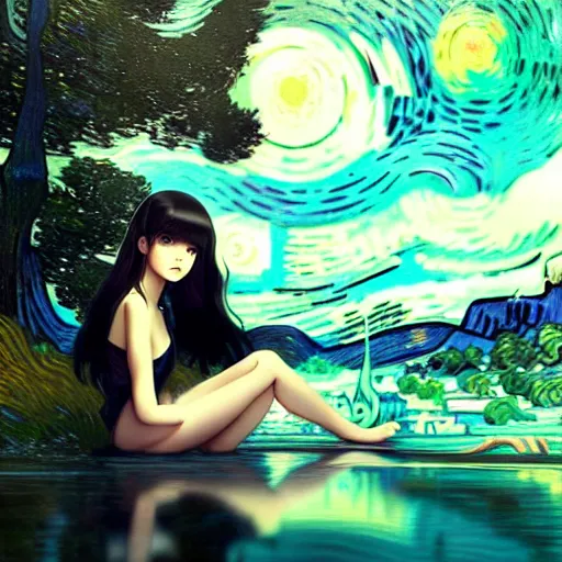 Image similar to very tiny girl by artgerm, green eyes and long black hair by ilya kuvshinov, sitting in a crystal clear lake painted by van gogh, rtx reflections, octane render 1 2 8 k, extreme high intricate details by wlop, digital anime art by ross tran, wide shot, composition by tom bagshaw, lighting by wlop