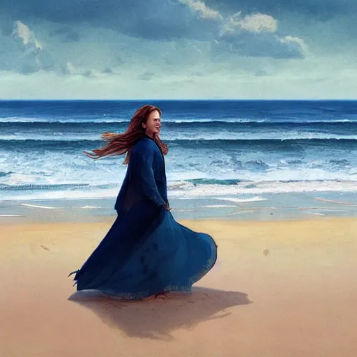 Image similar to A beautiful woman walking on the beach towards the viewer, high detail, 8K illustration, dynamic lighting, digital art, colorful, beautiful facial features, long hair, blue eyes sunny, art by Leesha Hannigan and Greg Rutkowski,