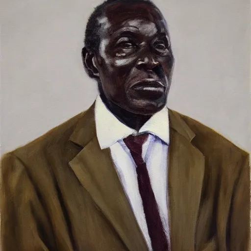 Image similar to a painting of a fatherly, aquiline nose, wide forehead, round face, XXL , loving, caring, generous, ever-present, humble, wise elder from Kenya with a friendly expression in a suit by Lynette Yiadom-Boakye . Fatherly/daddy, focused, loving, leader, relaxed,. ethereal lights, details, smooth, sharp focus, illustration, realistic, cinematic, artstation, award winning, rgb , unreal engine, octane render, cinematic light, macro, depth of field, blur, red light and clouds from the back, highly detailed epic cinematic concept art CG render made in Maya, Blender and Photoshop, octane render, excellent composition, dynamic dramatic cinematic lighting, aesthetic, very inspirational, arthouse.