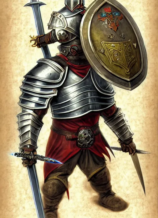 Image similar to a heroic cyber knight with sword and shield on a parchment background, redwall, greg rutowski and jean baptiste monge, detailed, epic fantasy concept art