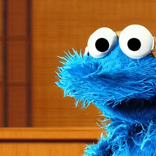 Image similar to “photo of Cookie Monster attorney at law in a courtroom”
