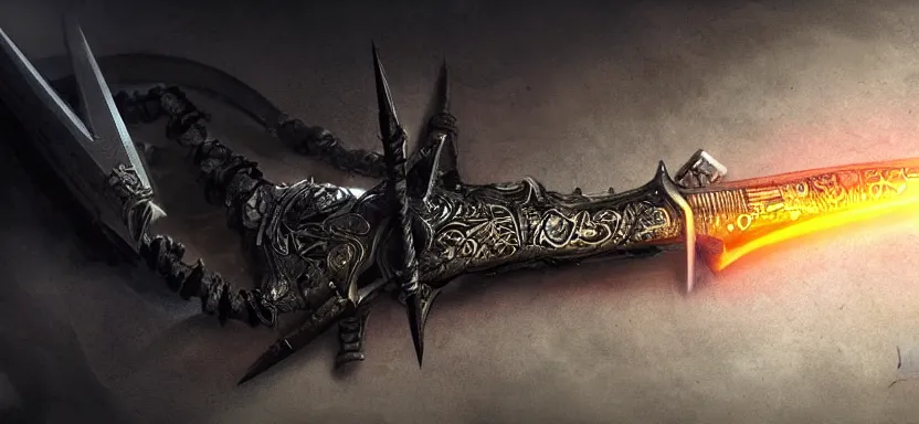 Image similar to legendary sword of cybernetic technology lying flat on a glowing table, digital award winning hd matte painting, intimate dark moody, intricate, long sharp black and iridescent blade, ornate spikes, colorful hilt, detailed realistic, raytraced blade, colored gems, golden pommel, in the style of greg rutkowski and krenz cushart, deviantart