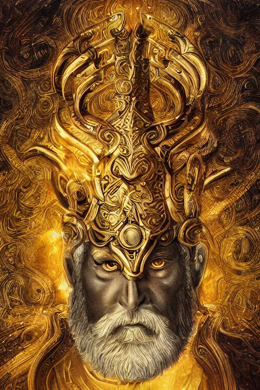 Prompt: mythological odin all father god of thunder and artificial intelligence creating deep learning with gold synapses on an anvil, high resolution, award winning art, trending on art station, sharp image, incredibly detailed, detailed character realistic painting