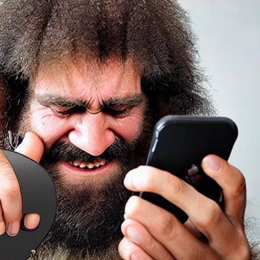 Prompt: a caveman using an iPhone