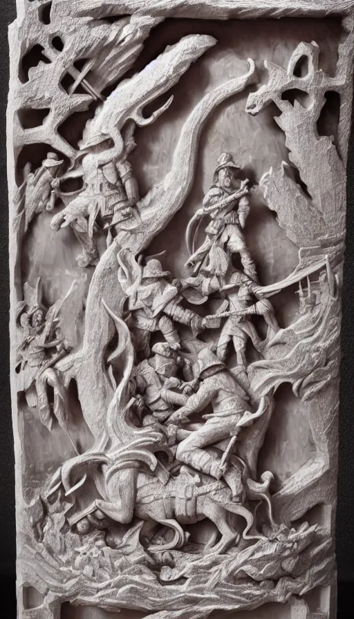 Image similar to the war portal highly detailed carving on southern ice porcelain, partially bloody crystallized, guns, blood, art gallery