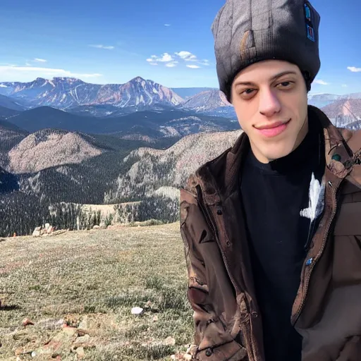 Prompt: pete davidson in colorado mountains in the background
