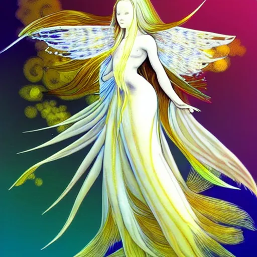 Image similar to a betta fish anthropomorphic angel, white and gold color palette, by Yoshitaka Amano, ethereal, dreamy, god rays