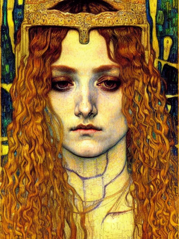 Image similar to detailed realistic beautiful young medieval queen face portrait by jean delville, gustav klimt and vincent van gogh, art nouveau, symbolist, visionary, gothic, pre - raphaelite, muted earthy colors, desaturated