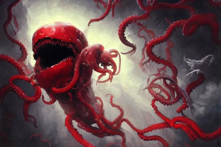 Prompt: painting by greg rutkowski of a flying chalk white head and face, with tentacles coming of the neck, red eyes, flying in a terrying hell like cavernous place