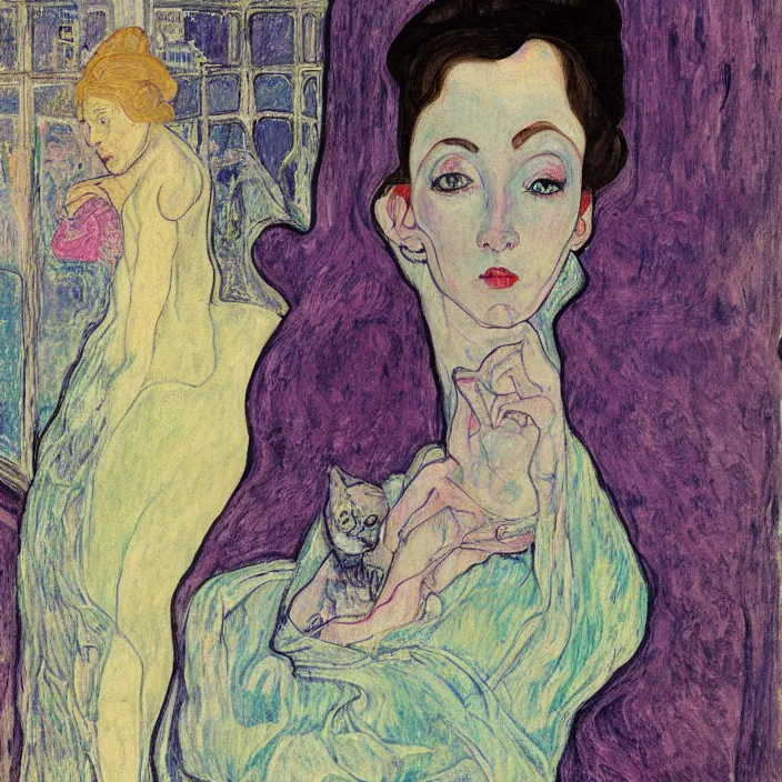 Image similar to close portrait of woman in transparent vaporous night gown with cat and iris, with city with gothic cathedral seen from a window frame with curtains. sun through the clouds, vivid iridescent psychedelic colors. munch, egon schiele, henri de toulouse - lautrec, utamaro, monet