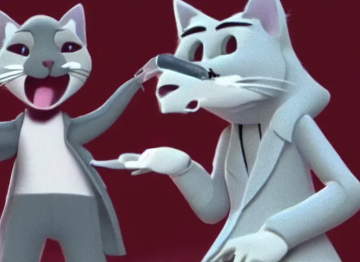 Prompt: film still of an anthropomorphic gray cat wearing a jacket in Dream Work's The Bad Guys Animation