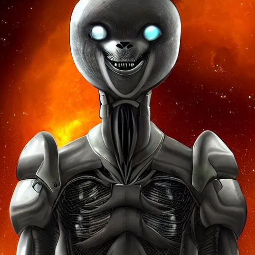 Image similar to a futuristic humanoid with cat-like features, yellow eyes, teeth that protrude past the lower lip and fine grayish fur on their faces and backs of their hands wearing alien armor and carrying an energy rifle