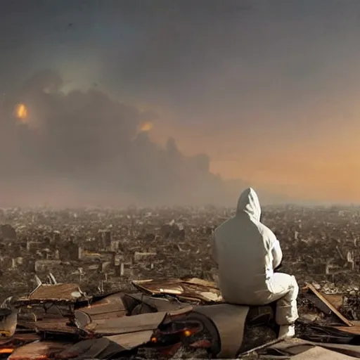 Prompt: a beautiful award-winning photo of the last man on Earth wearing a hazmat suit, sitting, serene post-nuclear background on the horizon, a mirage of a skyline of a destroyed city, numerous fires, volumetric lighting, hazy, a mothership hovering high up in the sky, very high quality, extremely detailed, subtle visual noise, 8K