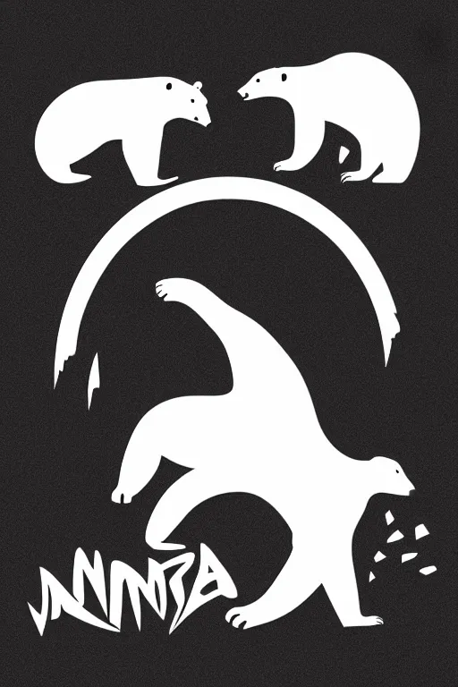 Image similar to a vector based illustration about a ninja fighting a polar bear in the style of die cut sticker, negative space is mandatory, no gradients, black ink on white background, smooth curves, vector spline curve style