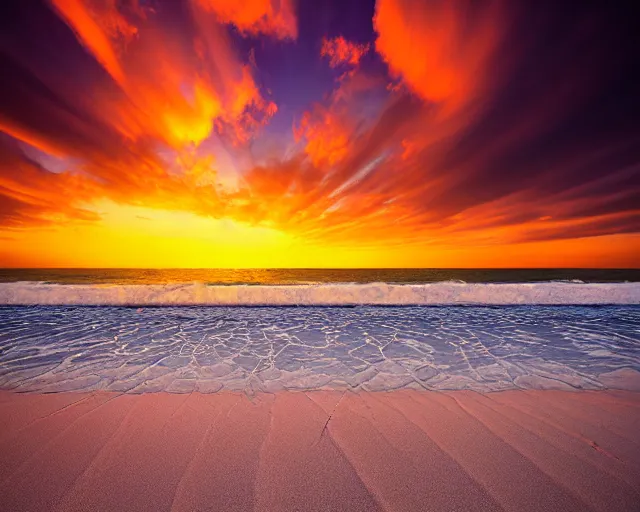 Prompt: landscape photography by marc adamus, florida gulf of mexico beach sunset, dramatic lighting, palm trees, clouds, beautiful