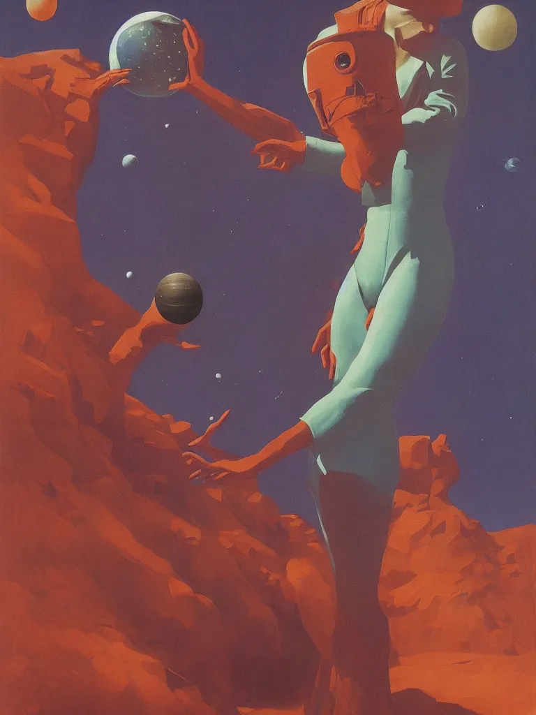 Image similar to woman wearing astronout suit and catch a planet on her hand edward hopper and james gilleard, zdzislaw beksinski highly detailed