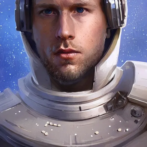 Prompt: portrait of a man by greg rutkowski, he is about 3 0 years old, short blond hair, athletic and strong, straight jaw, looking puzzled, wearing futuristic space gear, highly detailed portrait, digital painting, artstation, concept art, smooth, sharp foccus ilustration, artstation hq.