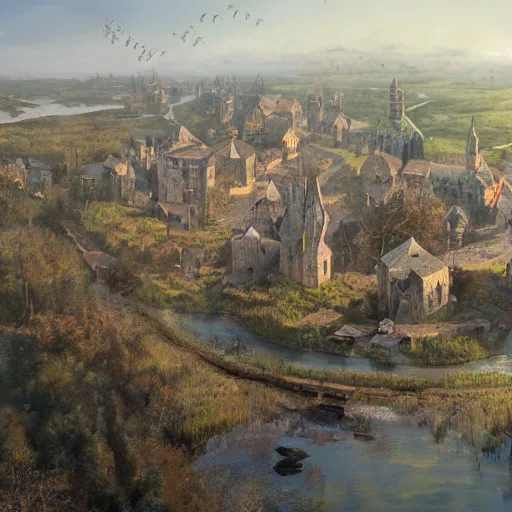 Prompt: high airborne view of a downtrodden medieval town by a river in a swamp surrounded by a massive magic barrier, 4k, by Greg Rutkowski, fantasy, mix of celtic and Rus architecture, cinematic