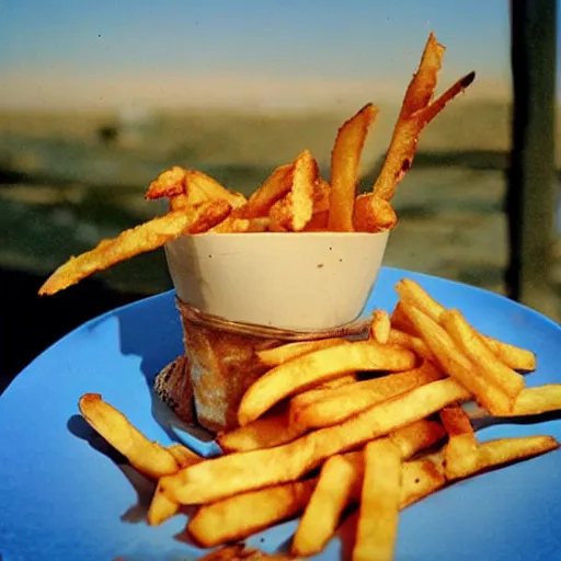 Image similar to chicken smokes french fry, coloured historic photo, sunset