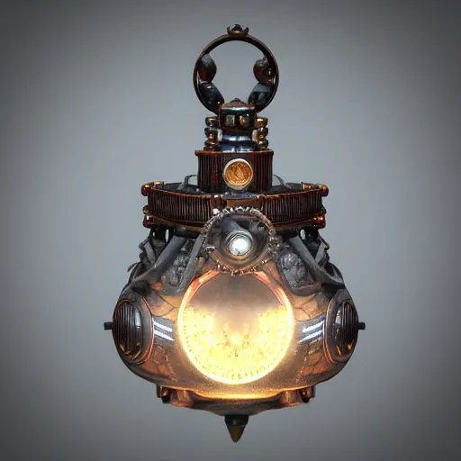 Image similar to steampunk amulet with diamond jewel and small steam tubes, volumetric lightning, octane render, realistic fog, extremely high detailed