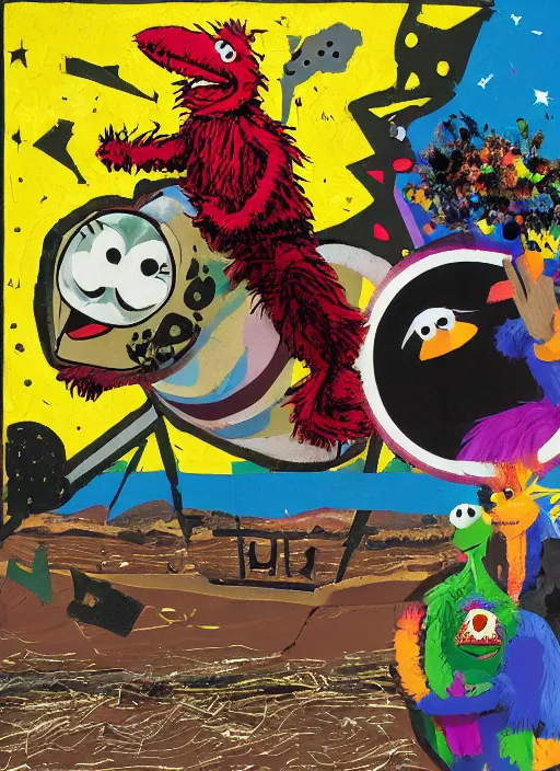 Image similar to expressionistic decollage painting, trash can tarot card fool with sesame street elmo and kermit muppet knight on a horse in a dark red cloudy night sky with golden foil jewish stars, mountain lake and blossoming field in background painted by adrian ghenie, francis bacon, daniel richter and hilma af klint, pixel art, buff painting, low effort graffiti, rich deep colors, ultra naive, children painting, 8k, extreme detail, masterpiece