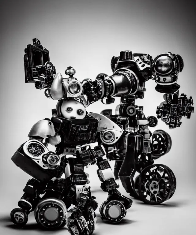 Image similar to a black and white photograph of a baby driving a steampunk mecha, tri-x, Studio lighting