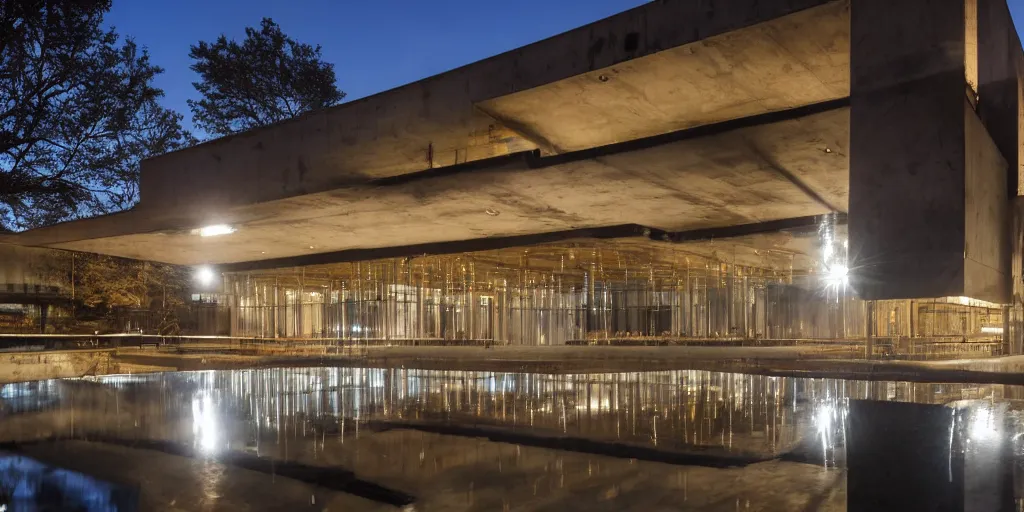 Prompt: wide angle photo of brutalist building made from reflective nickel chrome with copper and gold. late evening with reflective pool and glowing lights. bella hadid. highly reflective and shiny. frank loyde wright