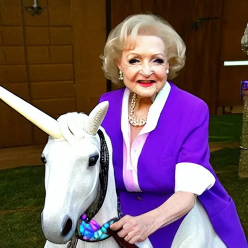 Image similar to betty white riding a unicorn