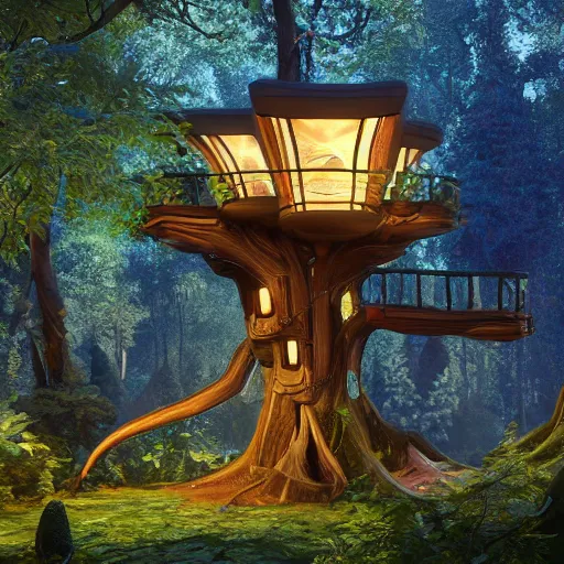 Image similar to futuristic treehouse in alien forest with unusual trees detailed luminescent magical realism painting 4k unreal engine