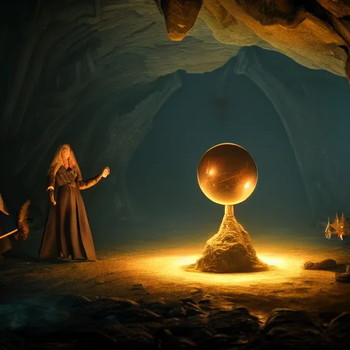 Image similar to witches and wizards standing around a giant magical orb in an ethereal cave ,highly detailed, 4k, HDR, award-winning, artstation, octane render