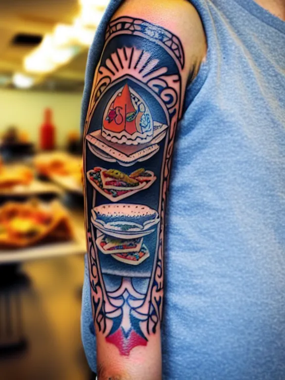 Prompt: far shot of a man showing his arm tattoo of a taco, tattoo