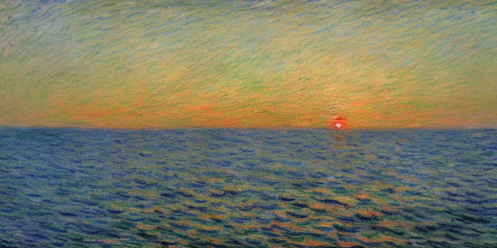 Image similar to An aesthetically pleasing, dynamic, energetic, lively, well-designed digital art of the ocean at sunset, light and shadow, by Claude Monet, superior quality, masterpiece, excellent use of negative space. 8K, superior detail.