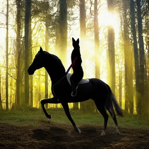 Prompt: cat riding a horse through a forest