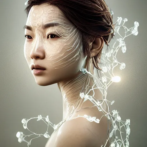 Image similar to intricate highly detailed face portrait of asian - european woman, light mint transparent water vines on her face, intricate, cgsociety, unreal engine, octane render, sharp focus, smooth, volumetric lighting, cinematic composition, artstation c 1 0. 0