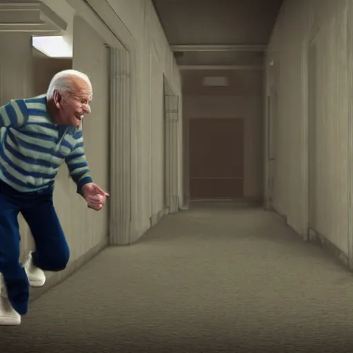 Image similar to joe biden chasing a child in the backrooms level 0, hyper - realistic, 4 k, octane - render, realistic.