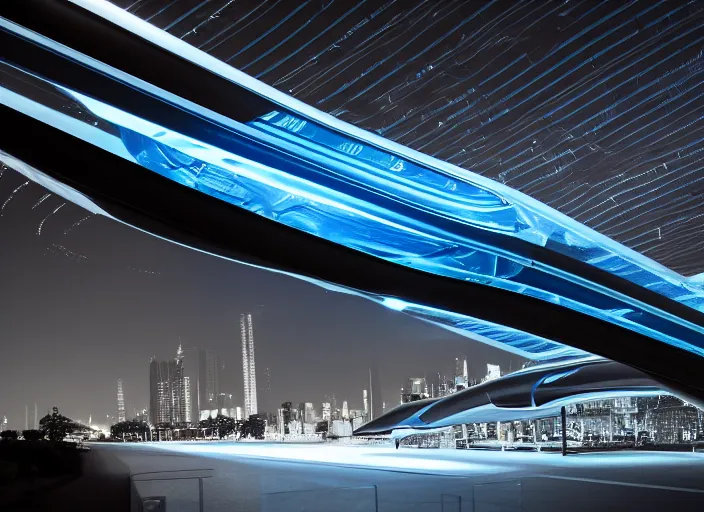 Prompt: transparent long blue plastic hyperloop by zaha hadid, space capsule sci fi glowing in the dark, dark moody monochrome colors,