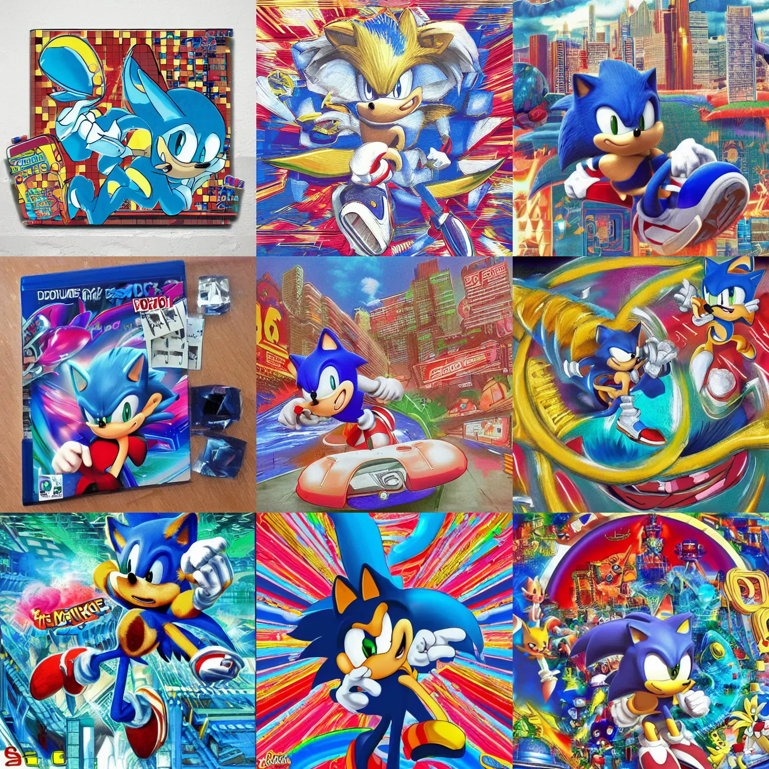 Prompt: sonic the hedgehog in a surreal, soft, shaded, professional, high quality airbrush art of a chrome dissolving LSD DMT blue sonic the hedgehog falling through a vaporwave sci-fi city, checkerboard horizon, rings, 1990s 1992 Sega Genesis NES video game album cover