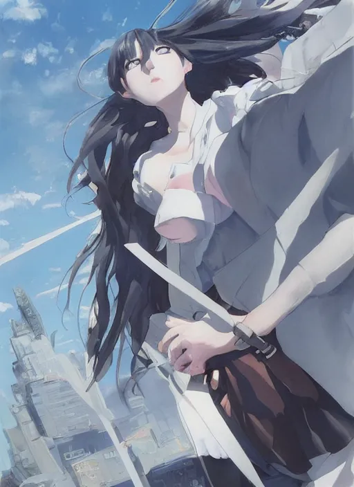 Prompt: woman stands in a street - poster by wlop, kiyohara tama, krenz cushart, masamune shirow, makoto shinkai, yanjun cheng. featured on pixiv, anime aesthetic, pixiv, anime, cold tones, artstation, power lines, vanitas, official art, gothic dark noise film photo - up portrait