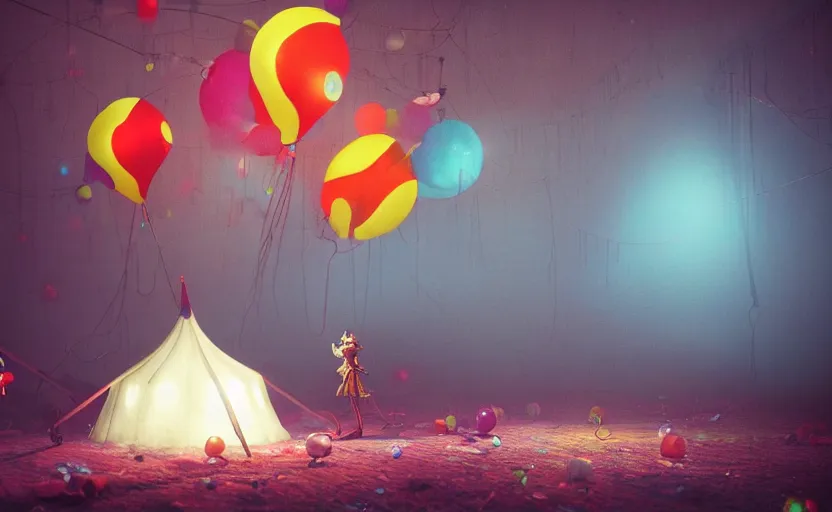 Prompt: abandoned circus tent at night, colorful baloons, creepy jester, gloomy and foggy atmosphere, octane render, rembrandt, cgsociety, artstation trending, horror scene, highly detailded