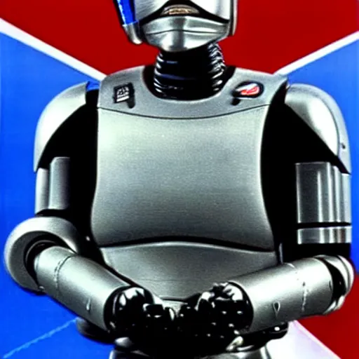 Prompt: iconic photo of robocop in presidential debate