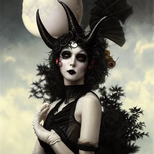 Prompt: By Tom Bagshaw, ultra realist soft painting of a curiosities carnival by night, very beautiful demon horn female dollpunk in full gothic dress using a transparent glass sphere, symmetry accurate features, very intricate details, omnious sky, black and white, volumetric light clouds