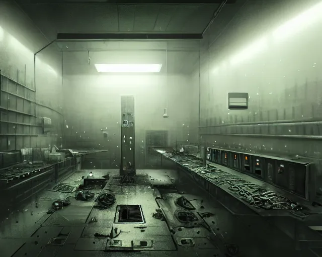 Image similar to gloomy ruined server room in datacenter robot automata rusty steel robot knight colossus welder pacing fixing soldering mono sharp focus, emitting diodes, smoke, artillery, sparks, racks, system unit, motherboard, by pascal blanche rutkowski repin artstation hyperrealism painting concept art of detailed character design matte painting, 4 k resolution blade runner